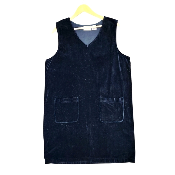 Vintage 90s Black Velvet Sleeveless Dress Pinafore Cottagecore Twee Whimsigoth L - Picture 1 of 12